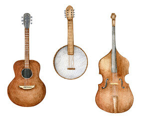 Naklejka premium Set of watercolor stringed music instruments. Acoustic guitar, banjo and contrabass. Hand drawn illustration isolated on white background
