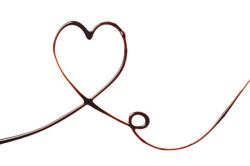 Heart made of dark chocolate on white background, top view