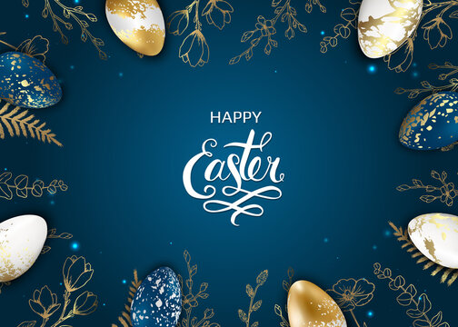 Template vector card with eggs gold, blue, marble pattern.