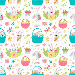 Vector seamless pattern for Easter with rabbits and eggs and spring designs.