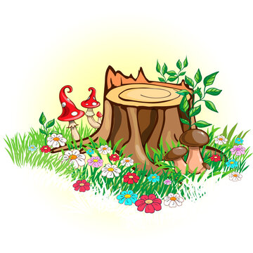 Vector image of a fairy stump with mushrooms.