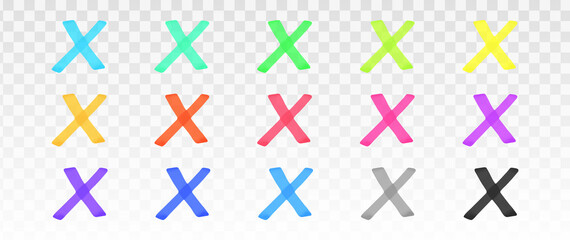 Color highlighter crosses set isolated on transparent background. Red, yellow, pink, green, blue, purple, gray, black marker cross. Vector hand drawn graphic stylish element