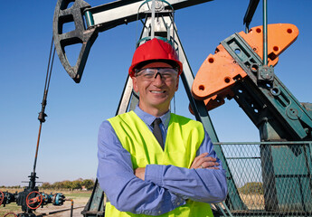 Oil and Gas Engineer in Red Hardhat and Yellow West Standing in front of the Oil Well Pump Jack