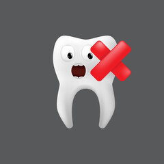 Scared tooth with a red cross on it. Cute character with facial expression. Funny icon for children's design. 3d realistic vector illustration of a dental ceramic model isolated on a grey background