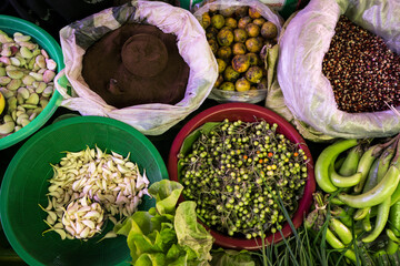 Overhead view of various vegetables for sale at market, Nyaungshwe, Lake Inle, Myanmar