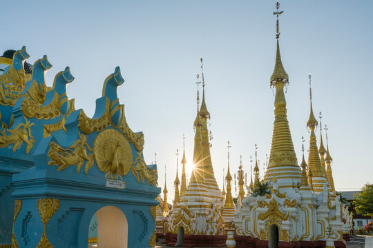 Exterior of Kyaut Phyu Gyi Pagoda at sunset, Lake Inle, Nyaungshwe, Myanmar