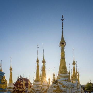 Exterior of Kyaut Phyu Gyi Pagoda at sunset, Lake Inle, Nyaungshwe, Myanmar