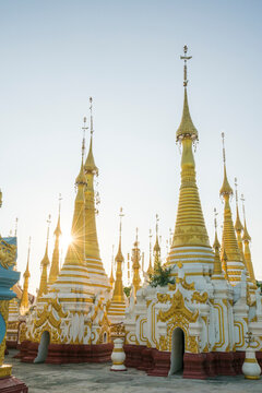 Exterior of Kyaut Phyu Gyi Pagoda at sunset, Lake Inle, Nyaungshwe, Myanmar