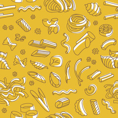 Italian pasta and noodles types. Seamless pattern on yellow background.