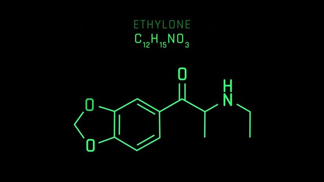 Ethylone also known as 34-methylenedioxy-N-ethylcathinone or MDEC or MDEA Molecular Structure Symbol Neon Animation on black background