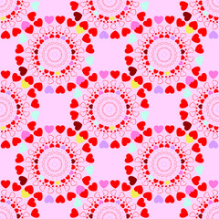 Pink and red heart Valentine's Day mandala seamless vector repeating pattern