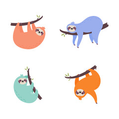 Set of cute hand drawn sloths hanging on the tree. Lazy animal characters. Jungle animal collection. Design for t shirt print, greeting card, poster. Hand drawn vector illustration.