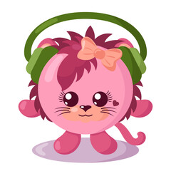 Funny cute kawaii lion with headphones and round body in flat design with shadows. Isolated animal vector illustration