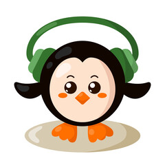 Funny cute kawaii penguin with headphones and round body in flat design with shadows. Isolated animal vector illustration	