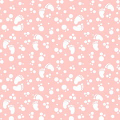 Seamless pattern with baby feet and dots. Funny cute endless background vector illustration