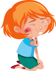 Girl injured at cheek and arm cartoon character isolated on white background