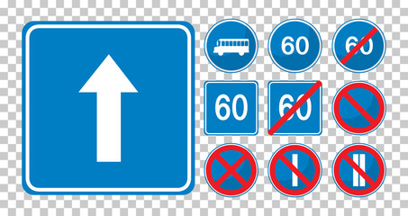 Set of blue road signs isolated on transparent background