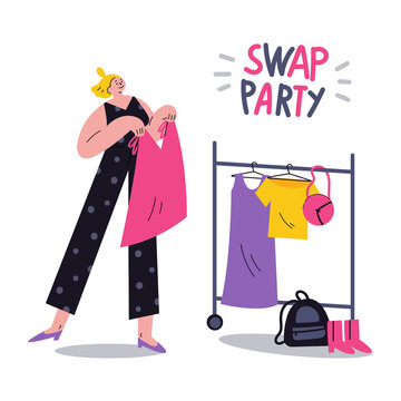 Woman trying on new clothes. Young social and eco responsible girl at fashion swap party. Idea of exchange your old wardrobe for new. Eco-friendly cloth exchange. Vector cartoon flat illustration.