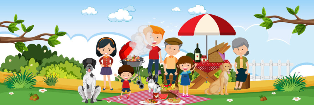 Happy family picnic in the garden horizontal landscape scene at day time