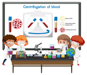 Young scientist explaining centrifugation of blood in front of a board with laboratory elements
