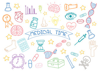 Set of medical element doodle isolated on white background