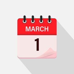 March 1, Calendar icon with shadow. Day, month. Flat vector illustration.