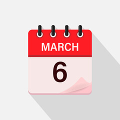 March 6, Calendar icon with shadow. Day, month. Flat vector illustration.