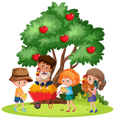 Children holding chicken with farm elements and apple tree
