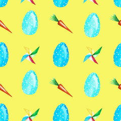 Seamless Easter spring pattern with watercolor hand painted elements. Eggs, carrots,  windmill. Good for fabric, masks, posters, flags, texture for wrapping paper