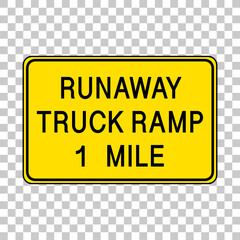 Runaway truck ramp 1 mile warning sign isolated on transparent background