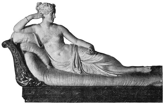 Pauline Bonaparte as Venus Victrix is a semi-nude life-size reclining neo-Classical sculpture by the Italian sculptor Antonio Canova. Illustration of the 19th century. Germany. White background.