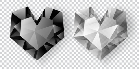 Two hearts in black and white colors made of crystals witn shadow on transparent background