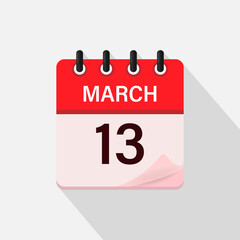 March 13, Calendar icon with shadow. Day, month. Flat vector illustration.