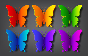 Colored paper butterflies with vector shadow. Silhouette of a butterfly is perfect for stickers, icons, greeting cards and gift certificates