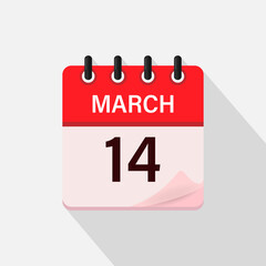 March 14, Calendar icon with shadow. Day, month. Flat vector illustration.