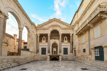 Fototapeta na wymiar Early morning at the peristyle or peristil inside Diocletian's Palace in the old town section of Split Croatia