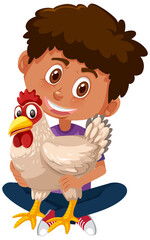 Boy holding cute animal cartoon character isolated on white background
