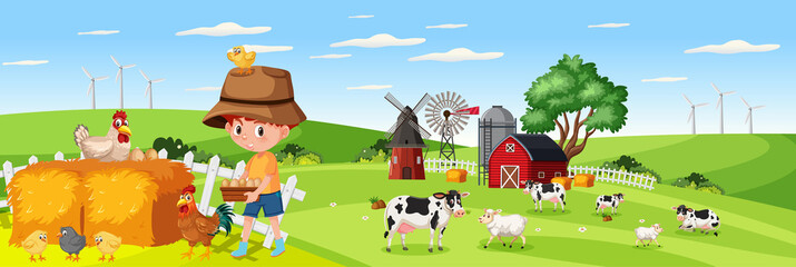 Cute boy in nature farm horizontal landscape scene at day time
