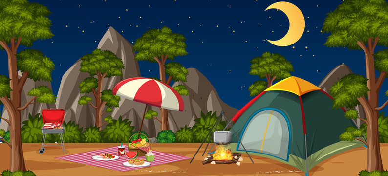 Camping or picnic in the nature park at night scene