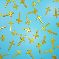 Christianity symbol. Golden cross isolated on blue background. 3d pattern illustration.