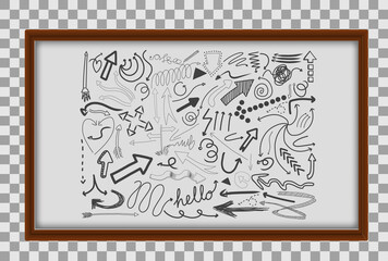 Different doodle strokes in wooden frame on transparent background