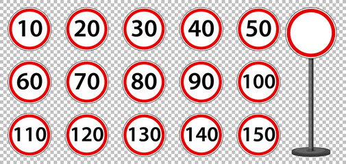 Set of red traffic sign on transparent background