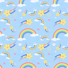 Fototapeta na wymiar Seamless rainbow with cloud and star pattern on bright blue background