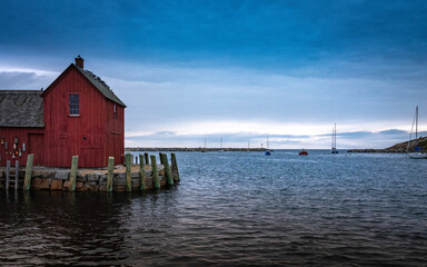 Seascape of Marina Exit Waterways with Rustic Red Boathouse