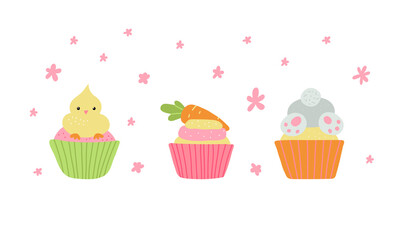 Cute Easter cupcakes with rabbit, chicken and carrot. Vector illustration isolated.