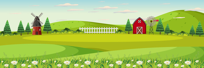 Farm landscape with field and red barn in summer season