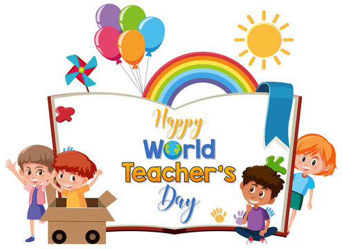 Happy World Teacher's Day logo with group of cute students