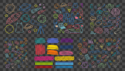 Set of colorful object and symbol hand drawn doodle on transparent background