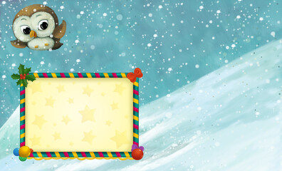 cartoon christmas winter scene with frame with animals sliding skiing on hill illustration