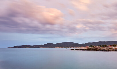 Sunset over Sarti beach, Sithonia, Chalkidiki, Greece; view over Sarti bay; long exposure shot